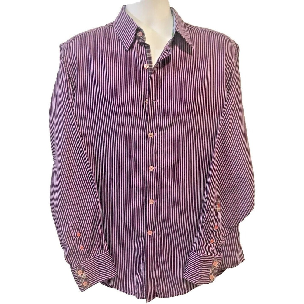 Robert Graham X Collection Mens Button Shirt Pink Black Striped Flip Cuff Size L